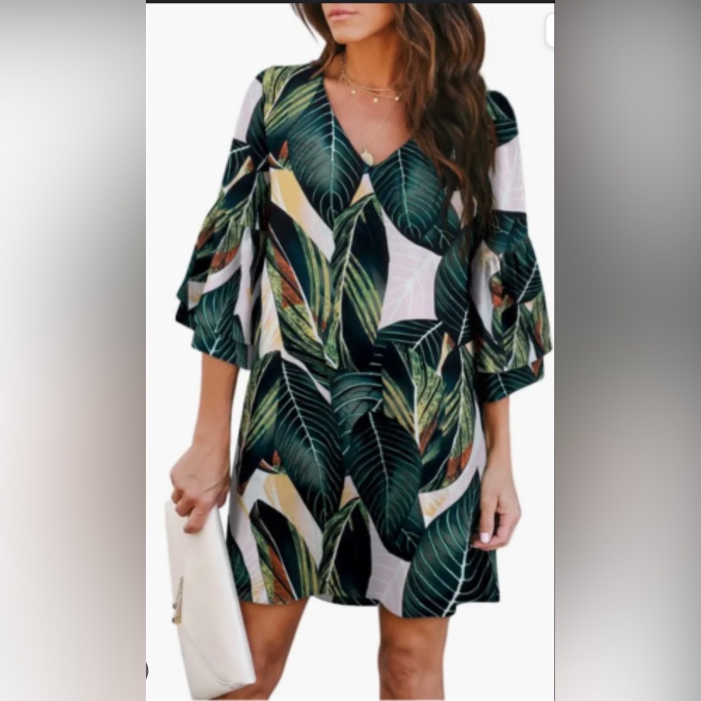 Belongsci jungle print Palm Leaf Green Flutter‎ Sleeve Oversized Dress Small